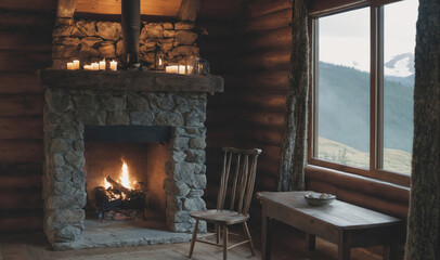 A cozy cabin fireplace glows with warm light, providing warmth and ambiance on a chilly winter day