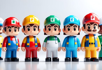 Bright, colorful 3D characters reflected on glossy surface, 3D character concept.