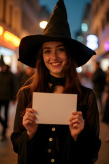 Young woman in a witch costume holding a blank white paper, ready for text or design. The perfect image for Halloween-themed invitations, announcements, or party decorations.
