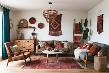 Mockup Frame in Cozy Nomadic Boho Interior with Rustic Decor and Modern Furniture