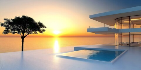 Modern Architecture House with Infinity Pool by Sea at Sunset