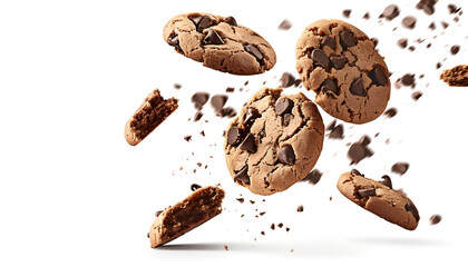 Obraz premium Falling broken chocolate chip cookies isolated on white background with clipping path