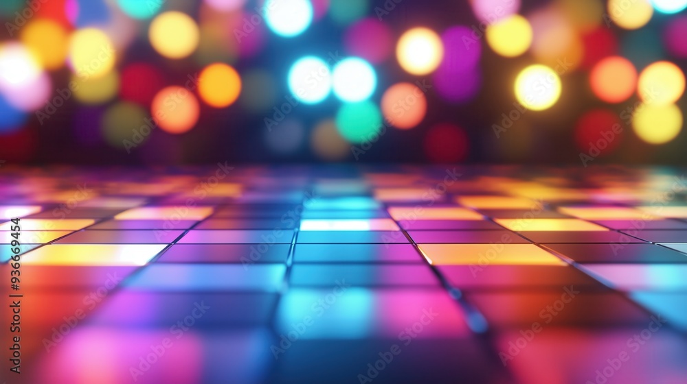 Poster a colorful disco floor with many lights. the lights are in different colors and are scattered all ov