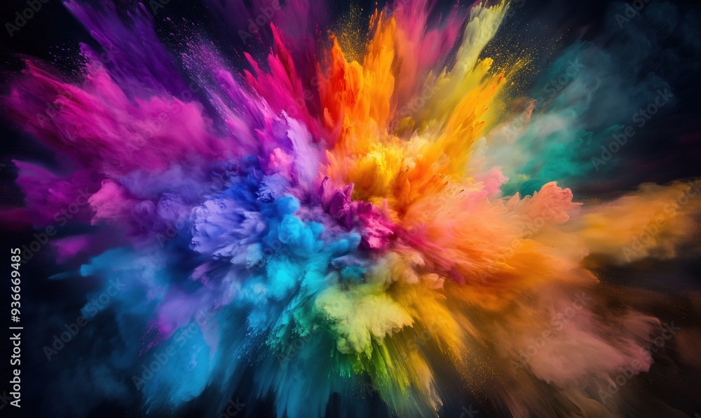 Poster a colorful explosion of paint is shown in the image. the colors are vibrant and the explosion appear