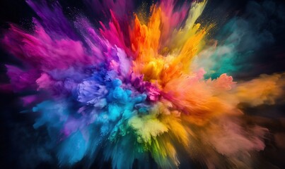 A colorful explosion of paint is shown in the image. The colors are vibrant and the explosion appears to be a burst of creativity. Scene is energetic and dynamic
