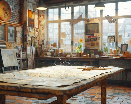 Visualization of creative space where artist engineers collaborate tools materials scattered around ready ideas drive innovation across multiple disciplines depicted focus interdisciplinary creativity