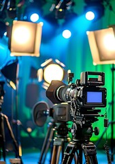 Professional Video Camera on Tripod in Studio