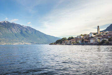 Lake Garda with Limone Sul Garda town and mountains in background, Italy, Europe.