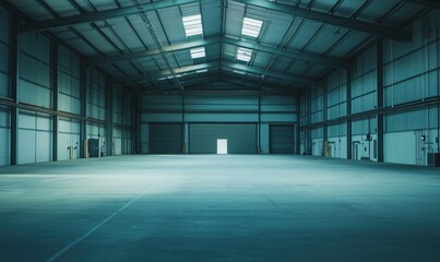 Obraz premium A large, empty warehouse with a white door. The space is dimly lit and the atmosphere is quiet and empty