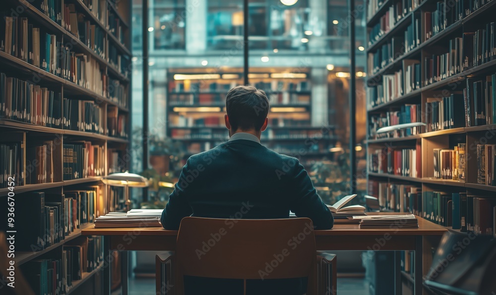 Poster a man sits at a desk in a library, surrounded by bookshelves. concept of quiet and focus, as the man