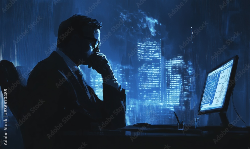 Poster a man is sitting at a desk with a computer monitor in front of him. he is wearing a suit and he is d