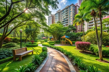 Fototapeta premium Serene garden path winds through lush greenery alongside a rest area and vibrant children's playground within a tranquil HDB estate in Singapore.