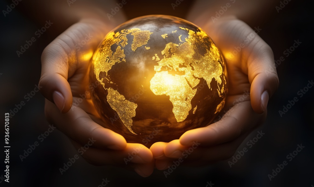 Poster a person is holding a globe in their hands. the globe is illuminated and he is made of gold. concept