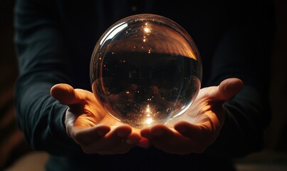 A person is holding a large glass ball in their hands. The ball is reflecting light, creating a sense of mystery and intrigue. The person's hands are positioned in a way that emphasizes the size
