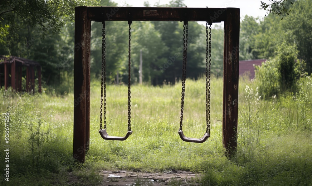 Poster a rusty old swing set in a grassy field. the swings are empty and the chains are rusted. scene is so
