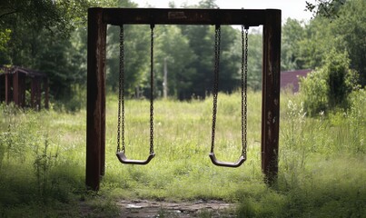 A rusty old swing set in a grassy field. The swings are empty and the chains are rusted. Scene is somewhat melancholic and nostalgic