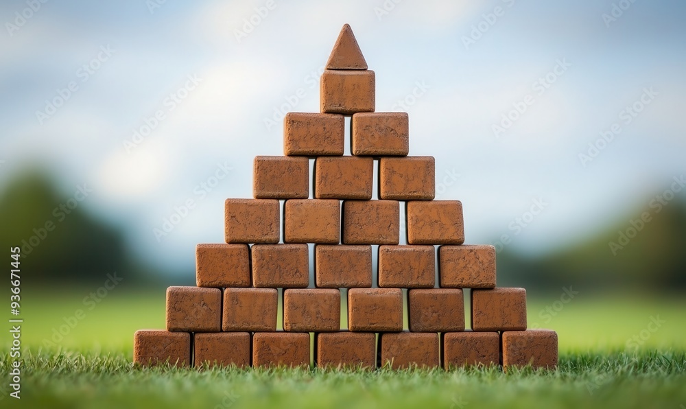 Poster a stack of bricks is arranged in a pyramid shape. concept of stability and strength, as the bricks a