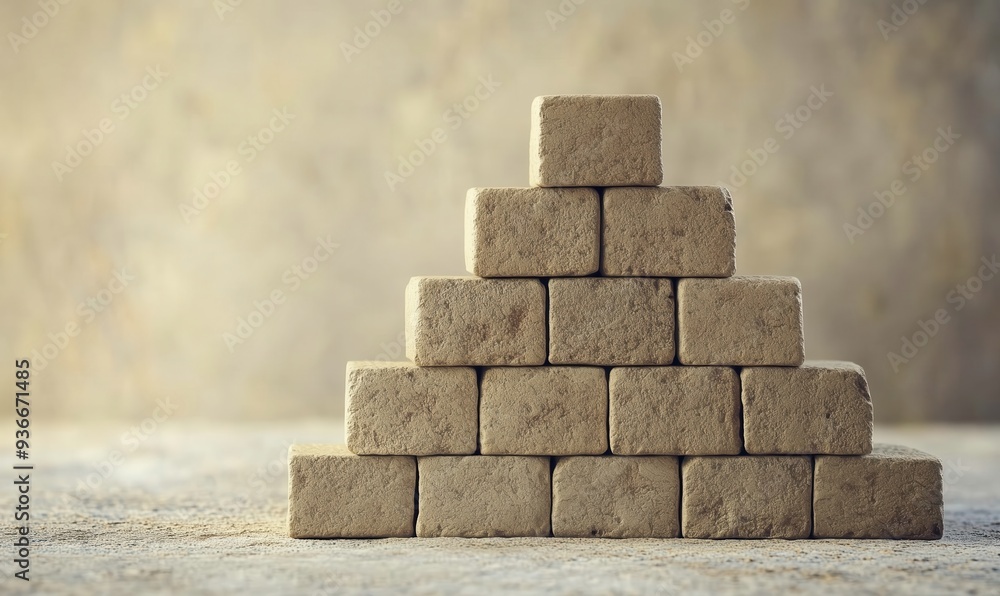 Poster a stack of bricks is piled on top of each other. the bricks are brown and appear to be made of concr