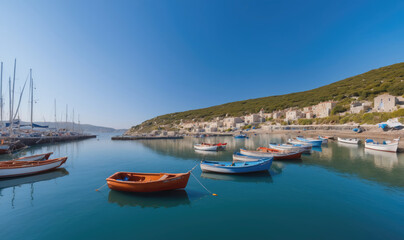 A small town on a rocky cliff overlooks a calm bay with several boats anchored in the water