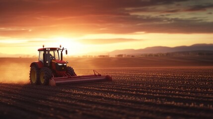 Fototapeta premium Tractor Working in a Field at Sunset