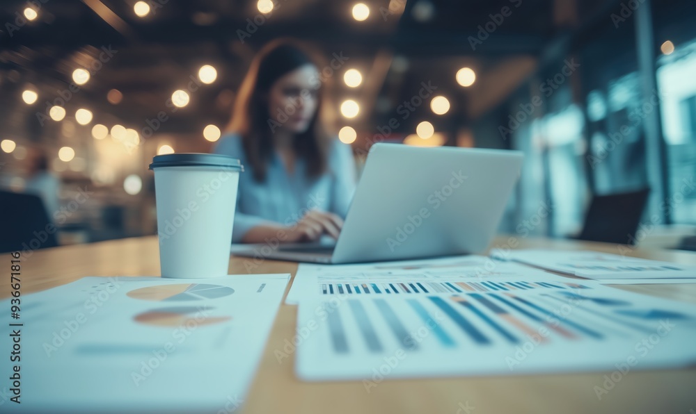 Poster a woman is sitting at a table with a laptop and a cup of coffee. she is working on a project and has