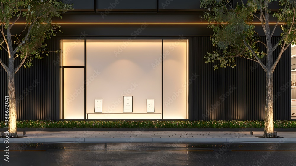 Canvas Prints Minimalist Store Front with Trees and Lights at Night