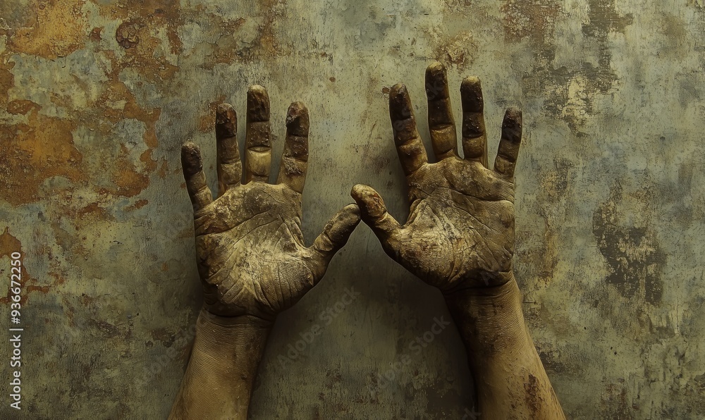 Poster two dirty hands are shown in a close up. the hands are covered in dirt and appear to be in a state o