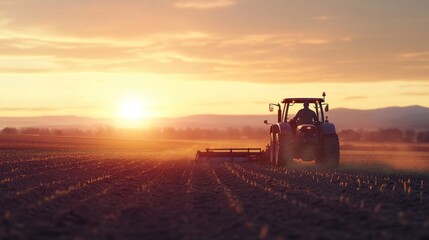 Obraz premium Tractor Working in the Field During Sunset