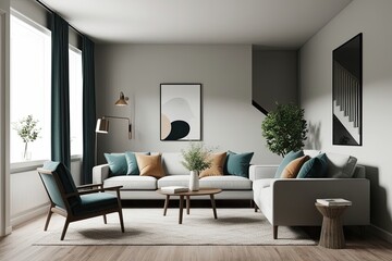 Fototapeta premium Scandinavian Minimalist Interior Design 3D Visualization with Stylish Furniture and Decor