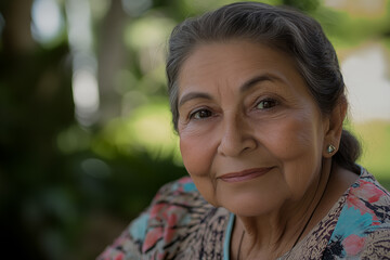 pretty Hispanic grandmother sitting outdoors looking at the camera with a smile