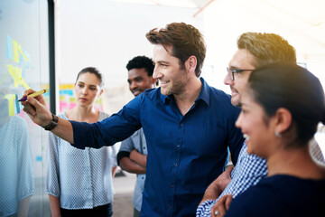 Meeting, glass wall and group of business people in office planning creative strategy for brand...