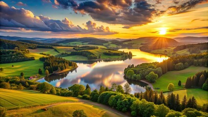 Fototapeta premium Serene landscape of rolling hills, dense forests, and sparkling lakes creating a picturesque scenery in a rural region during the warm sunset hours.