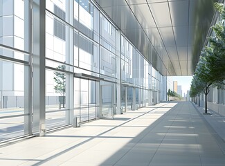 Obraz premium Modern Glass Building Entrance with Trees and City View