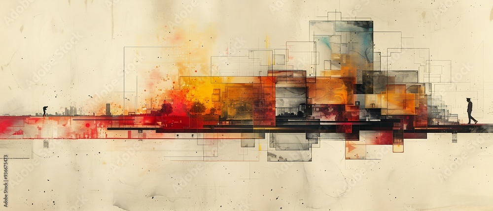 Poster abstract depiction of cityscape where each building formed layer of challenge success symbolizing gr