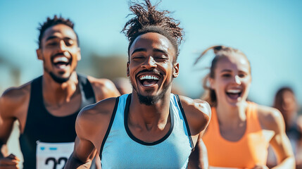 Group of runners enjoying victory