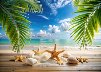 Obraz premium Serenely empty beach platform podium adorned with natural elements like palm leaves, sea shells, and starfish on pristine white sand, ideal for product showcases.