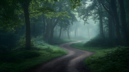 Obraz premium Serene Forest Path in Misty Morning Light, Peaceful Nature Scene with Lush Green Vegetation, Tranquil Atmosphere Highlighting Natural Beauty and Conservation