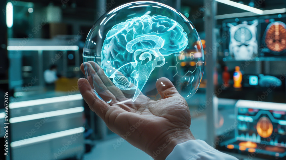 Poster a scientist holds a glowing model of a brain, highlighting advanced research in neuroscience within 
