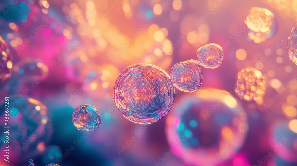 Poster colorful soap bubbles float in a soft-focus background of vibrant hues, creating a dreamy atmosphere