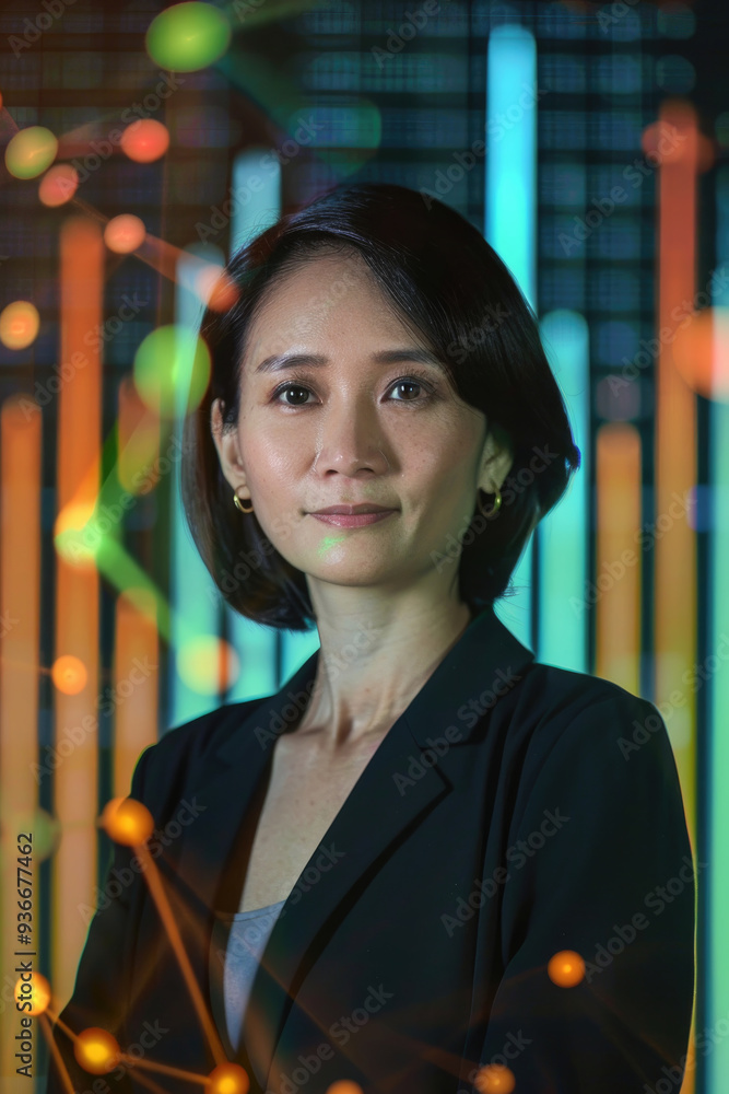 Poster a professional woman poses with a calm expression before colorful data visualization displayed at a 