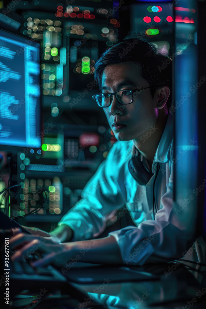 Poster a focused individual works intently at a computer in a dimly lit server room filled with illuminated