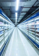 Obraz premium Empty Supermarket Aisle with Refrigerated Display Cases