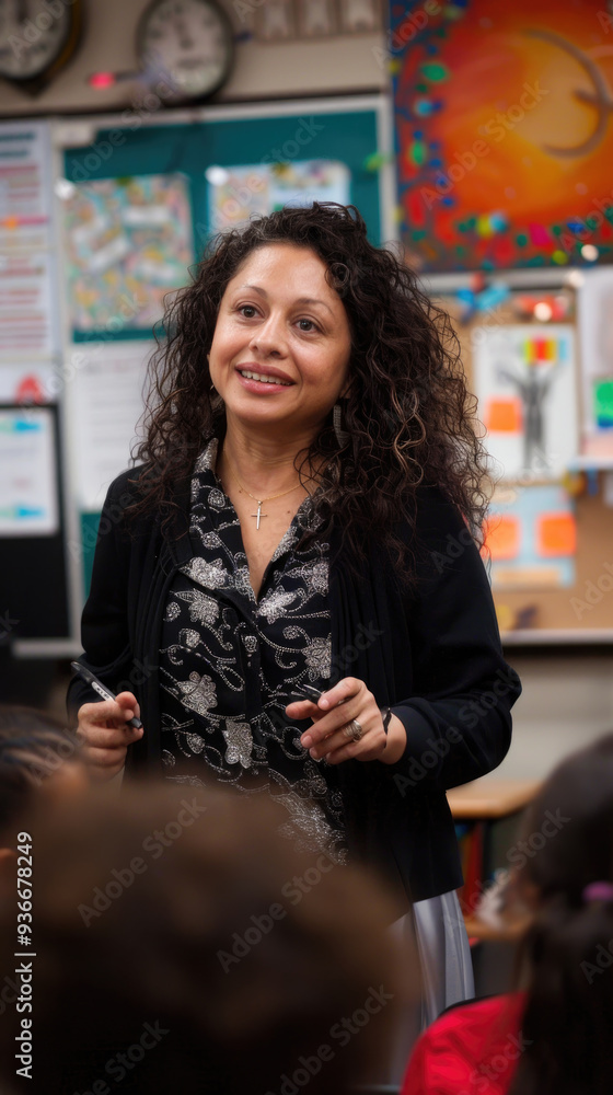 Aufkleber a teacher enthusiastically interacts with her students in an elementary classroom filled with learni