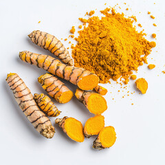 Fototapeta premium dried turmeric roots and ground turmeric powder, isolated on white background