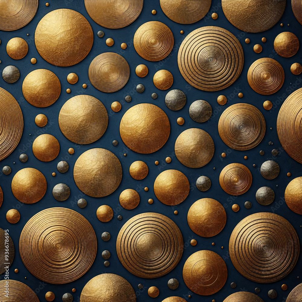 Poster golden spheres with intricate patterns on a dark backdrop. generative ai.