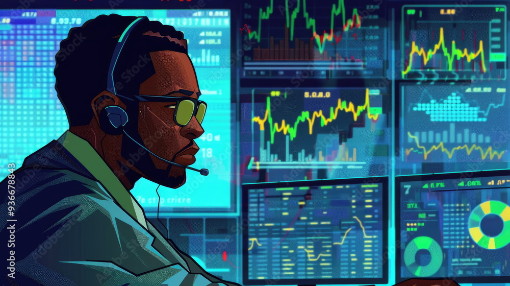 Poster a focused trader in a trading room monitors various financial charts and indicators while wearing he