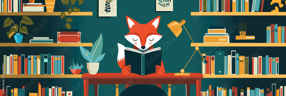 Poster a red fox enjoys reading a book while sitting at a desk in a warm and inviting room filled with book