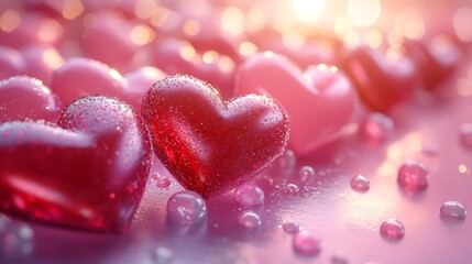 Obraz premium Romantic red hearts with water droplets - generative ai