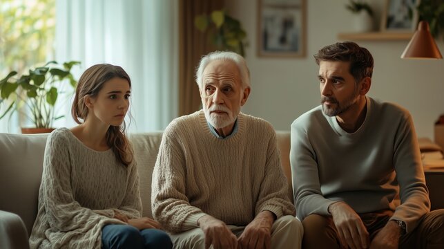 Family discussion in a cozy living room with an elderly man and two adults during a sunny afternoon
