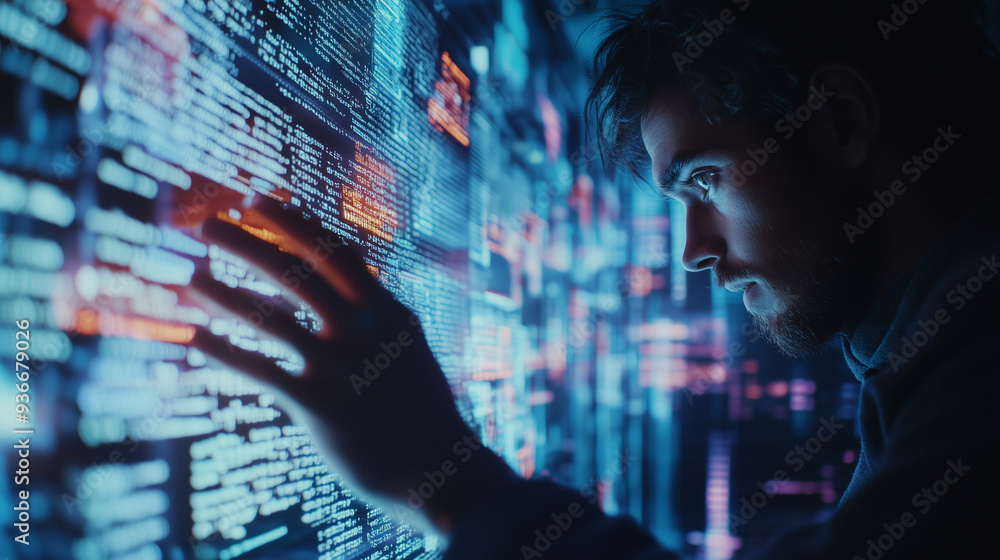 Poster a man is touching the screen of his computer, which displays numerous data and code in a dark blue l